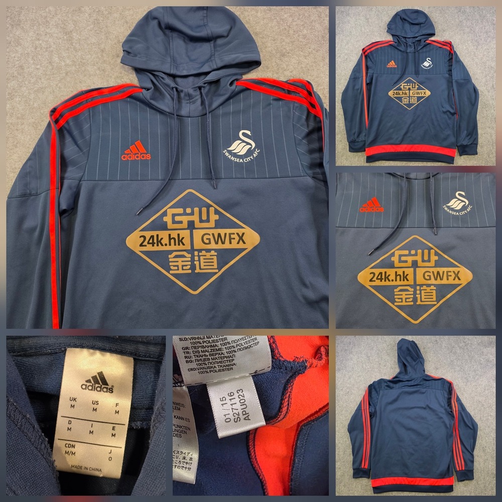 Swansea City AFC Hoodie Mens Medium Blue Soccer Adidas GWFX Sponsor Sweatshirt